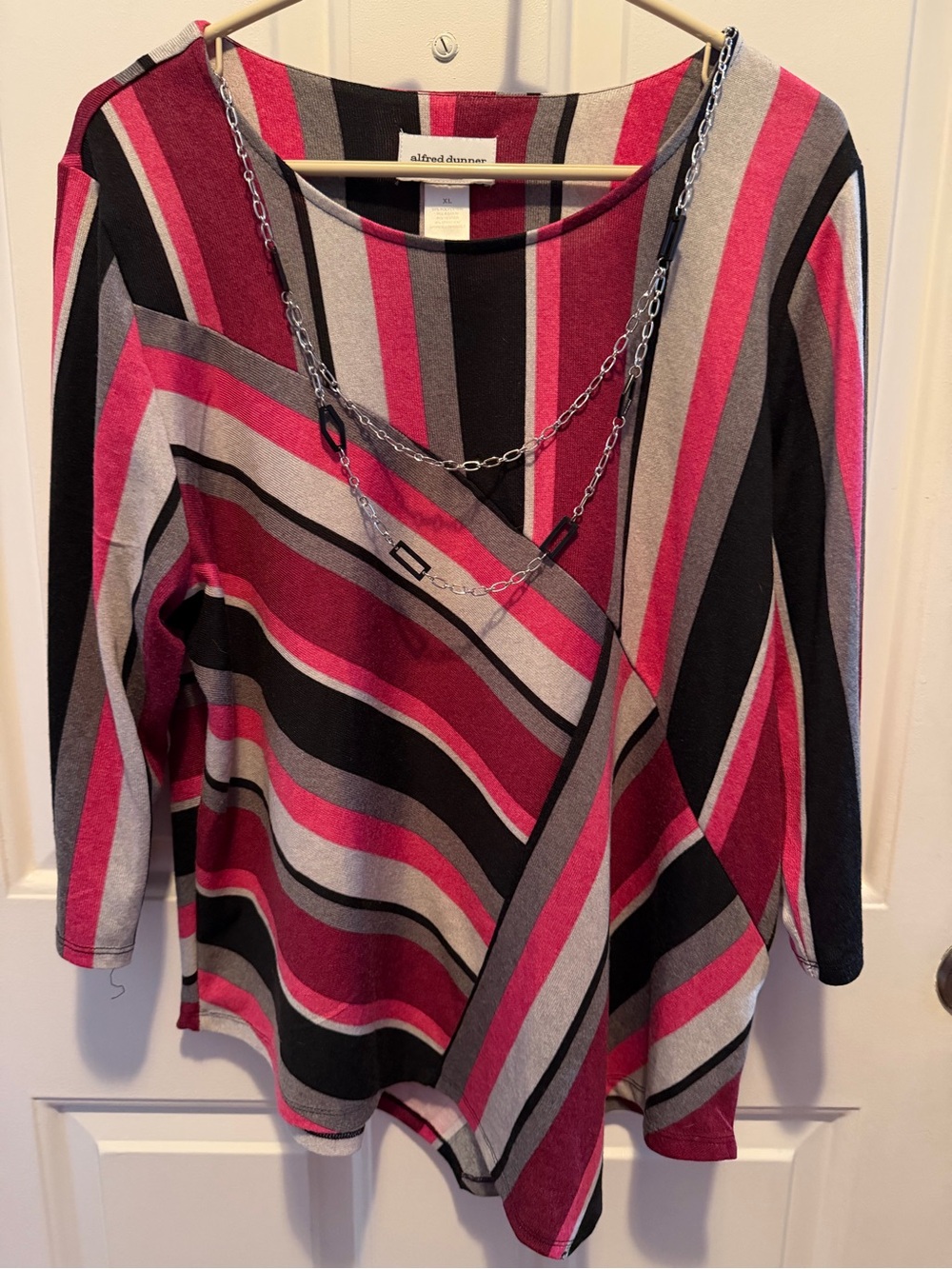 Alfred Dunner Pink, Black & Gray Striped Long-Sleeve Top